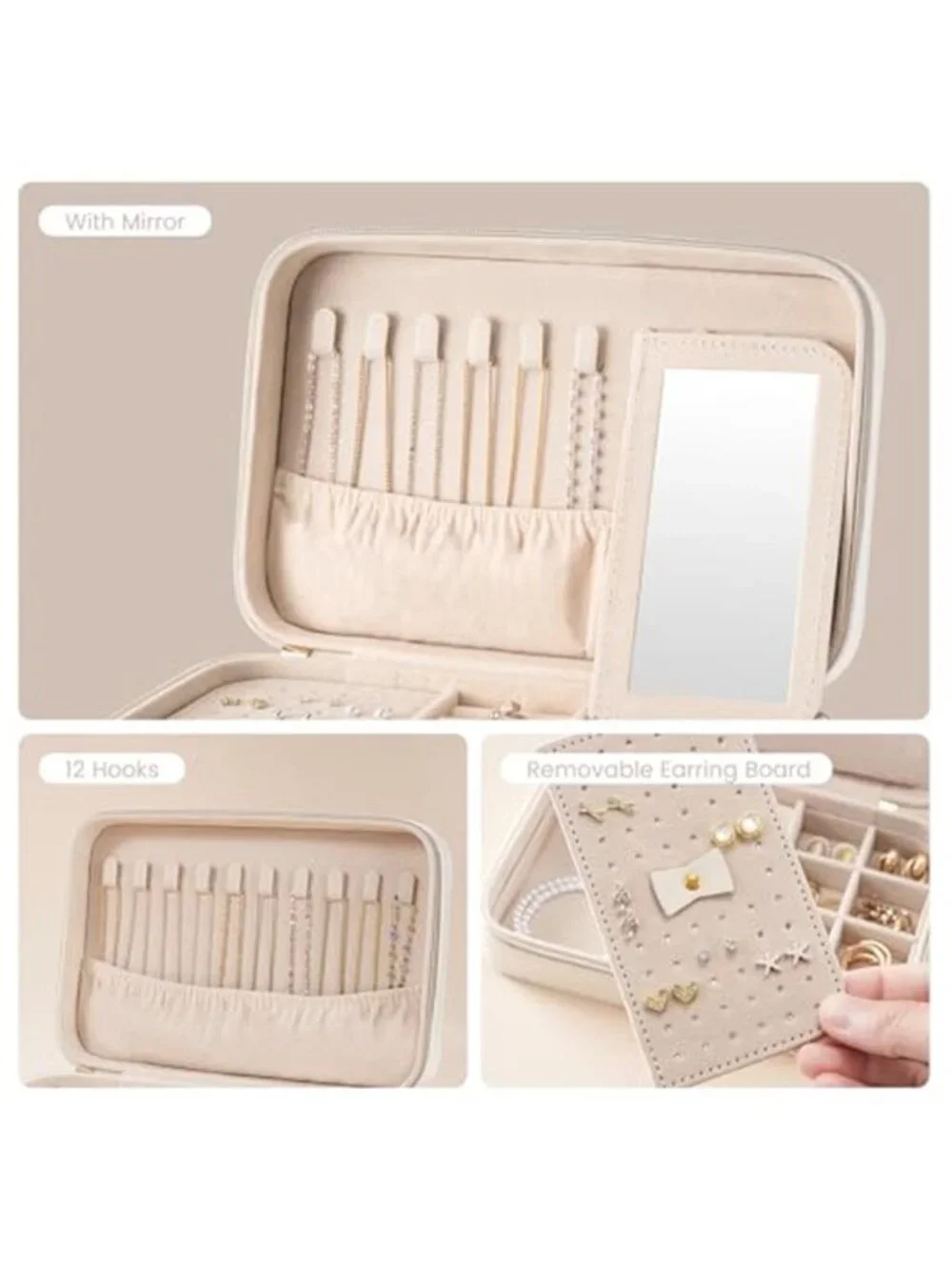 White Travel Jewelry Case Organizer Box Mirror Earring Necklace Ring Storage Bag